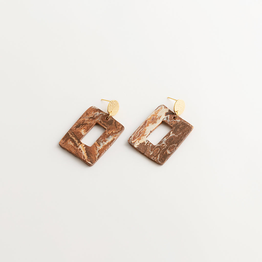 Artisan Nerikomi Ceramic Earrings – Gold Matte Circle Stud, Open Rectangle Drop
