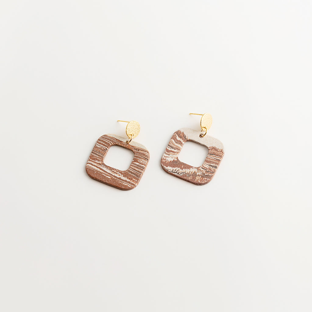 Artisan Nerikomi Ceramic Earrings – Gold Matte Circle Stud, Open Square Drop