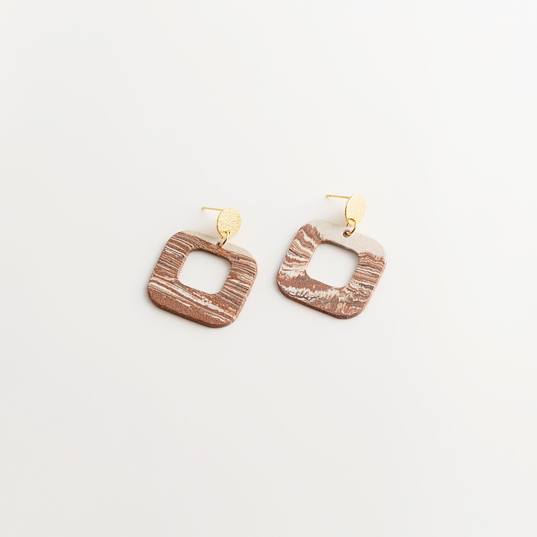 Artisan Nerikomi Ceramic Earrings – Gold Matte Circle Stud, Open Square Drop