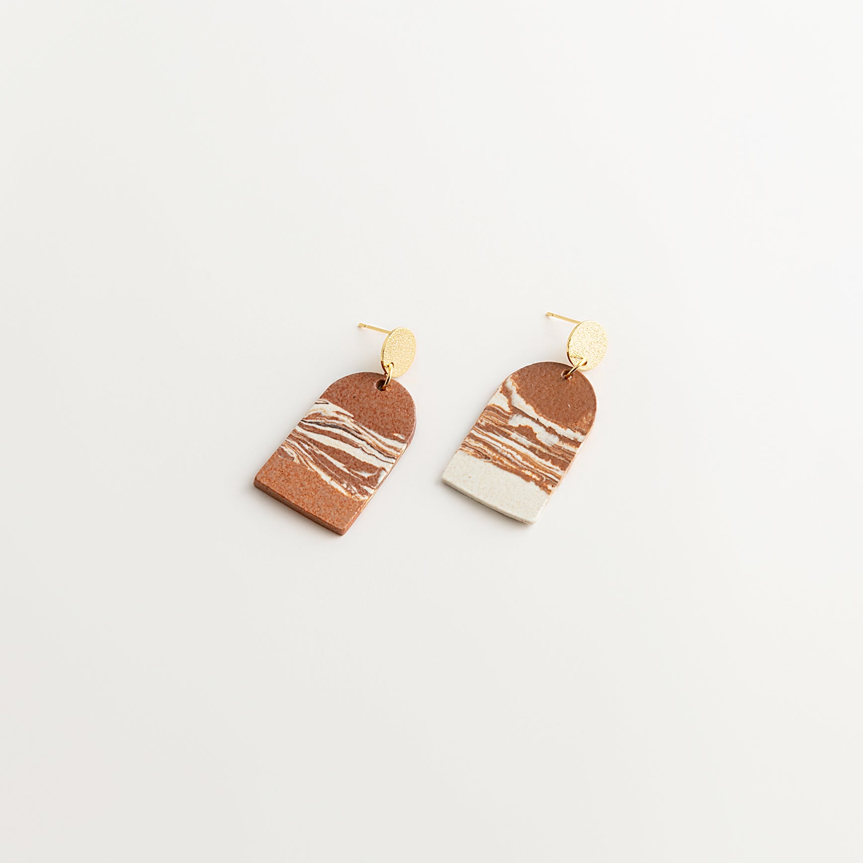 Artisan Nerikomi Ceramic Earrings – Gold Matte Circle Stud, Solid Arch Drop