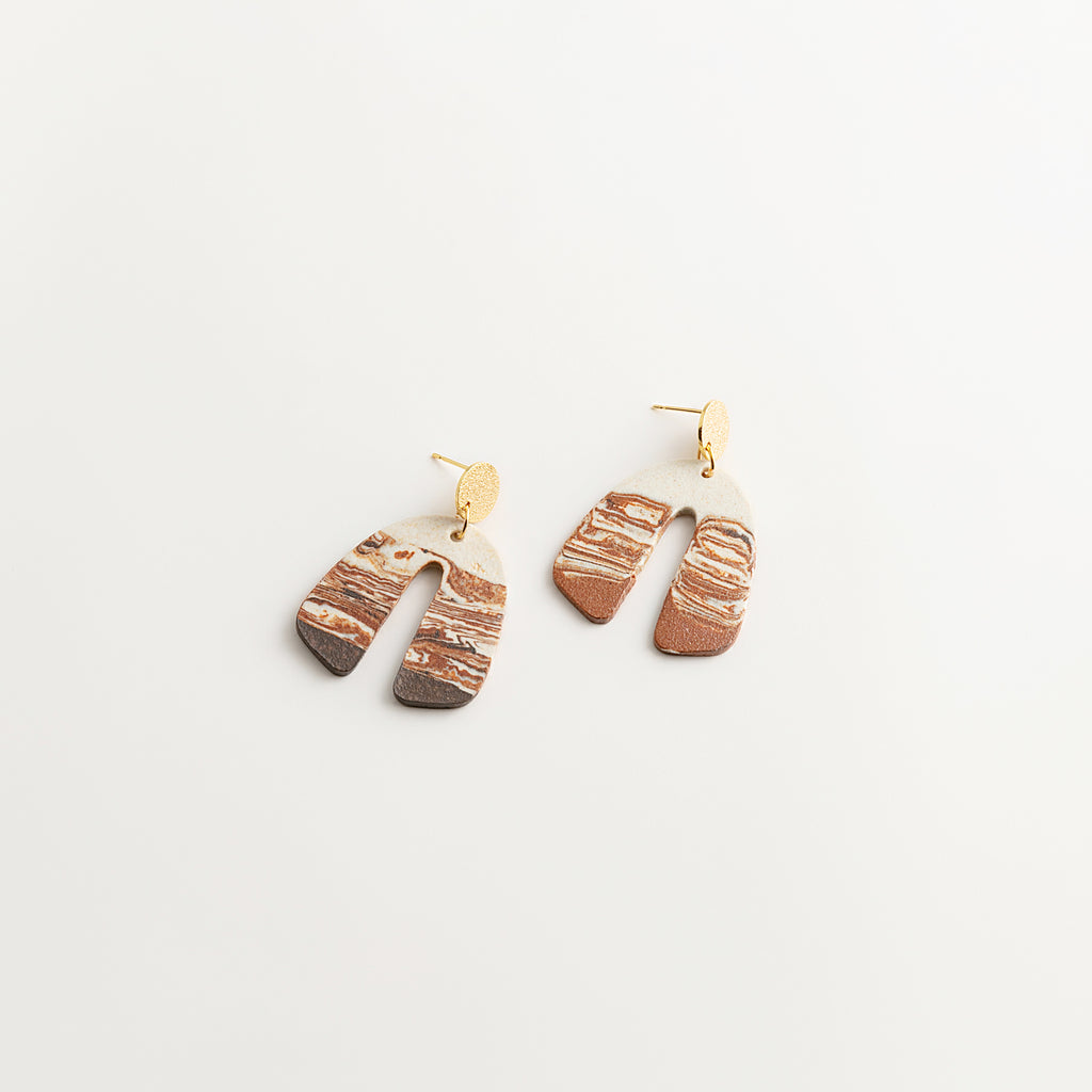 Artisan Nerikomi Ceramic Earrings – Gold Matte Circle Stud, Wide Open Arch Drop
