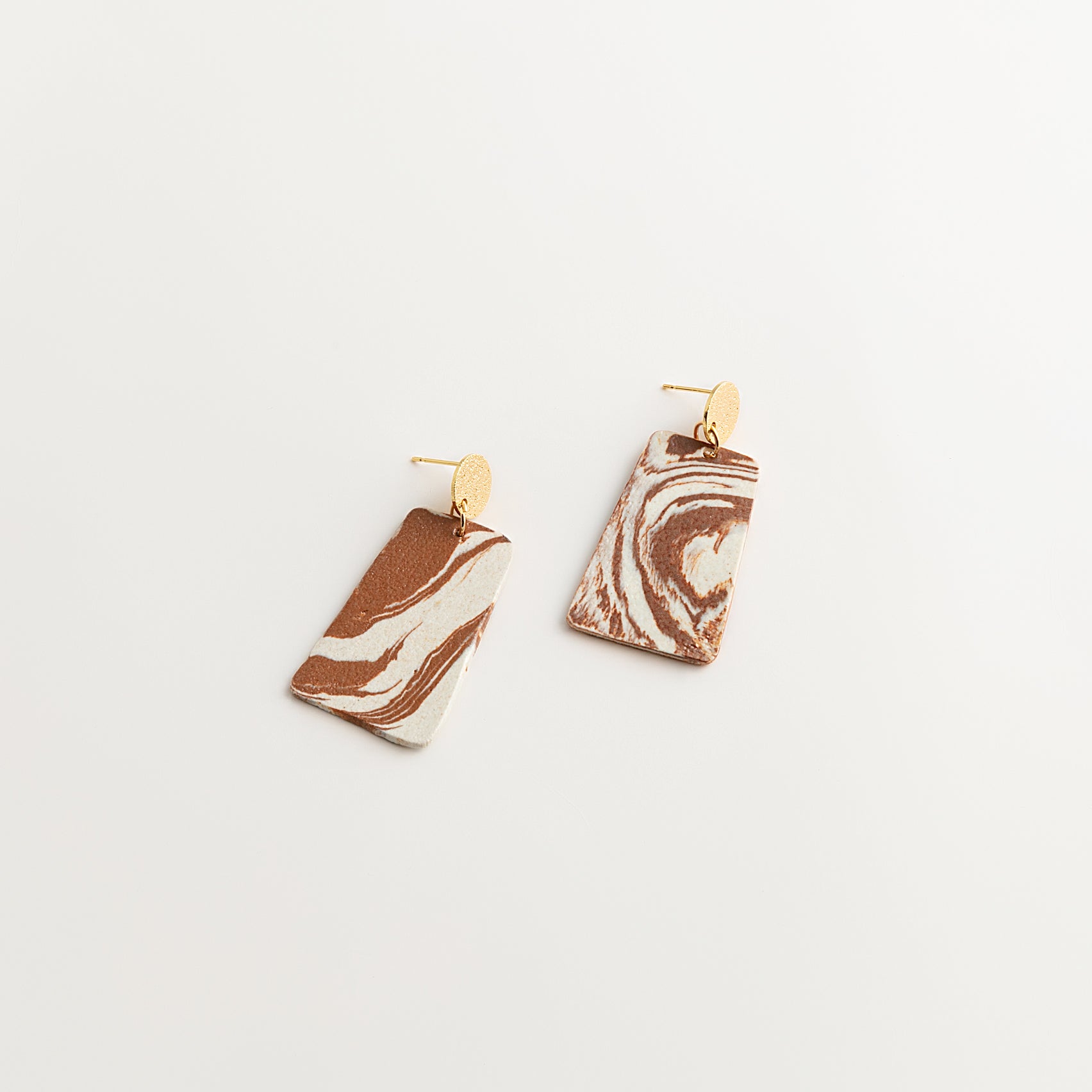 Artisan Nerikomi Ceramic Earrings – Gold Matte Circle Stud, Trapezoid Drop