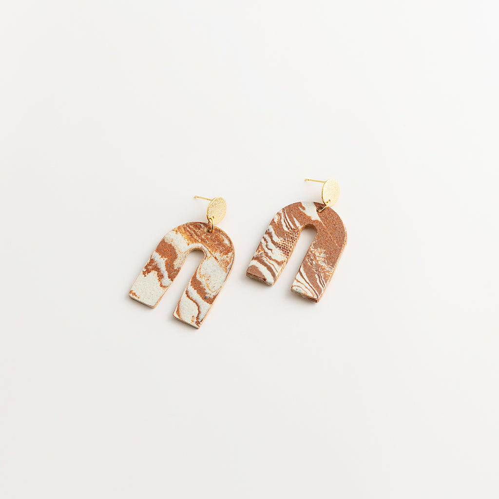 Artisan Nerikomi Ceramic Earrings – Gold Matte Circle Stud, Open Arch Drop