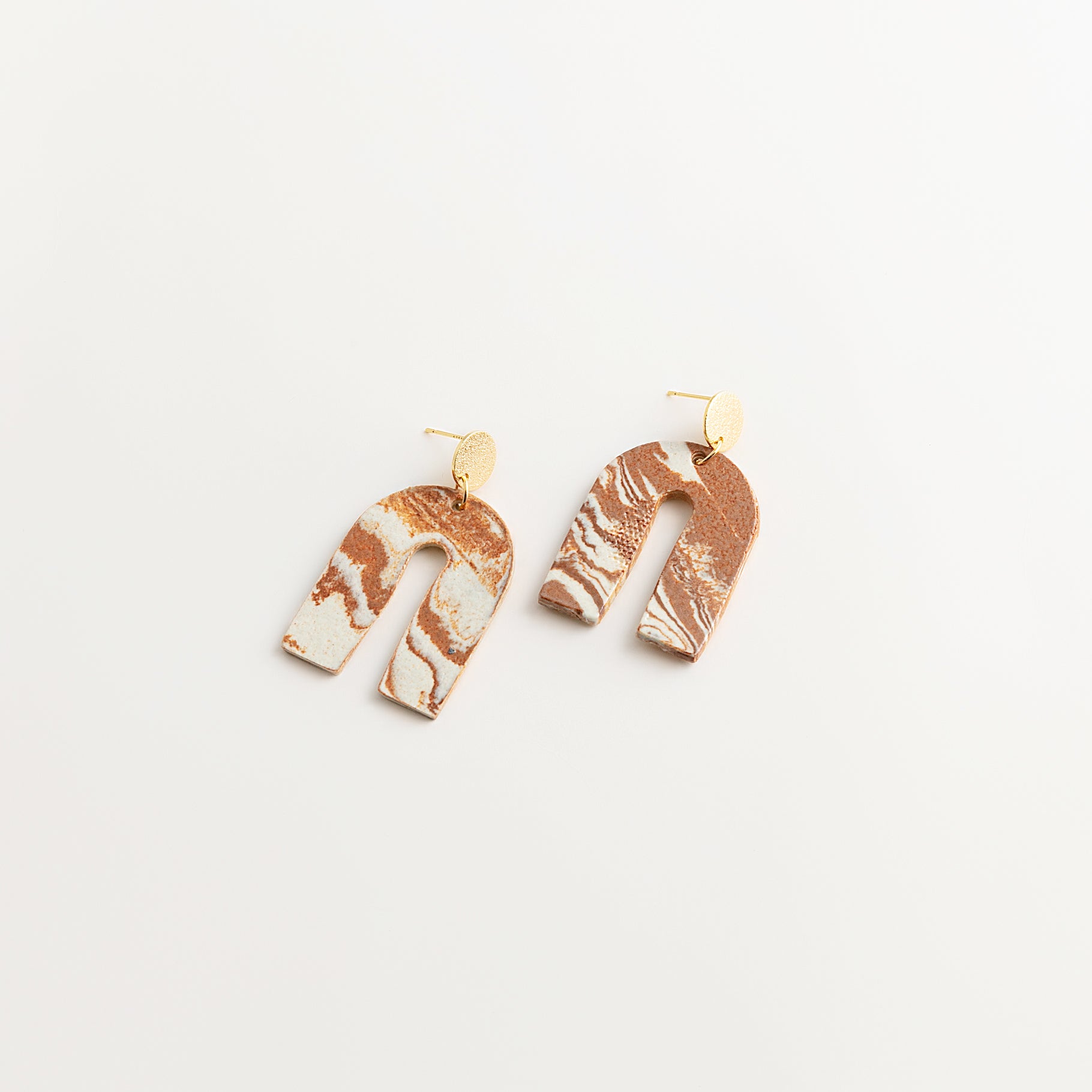 Artisan Nerikomi Ceramic Earrings – Gold Matte Circle Stud, Open Arch Drop