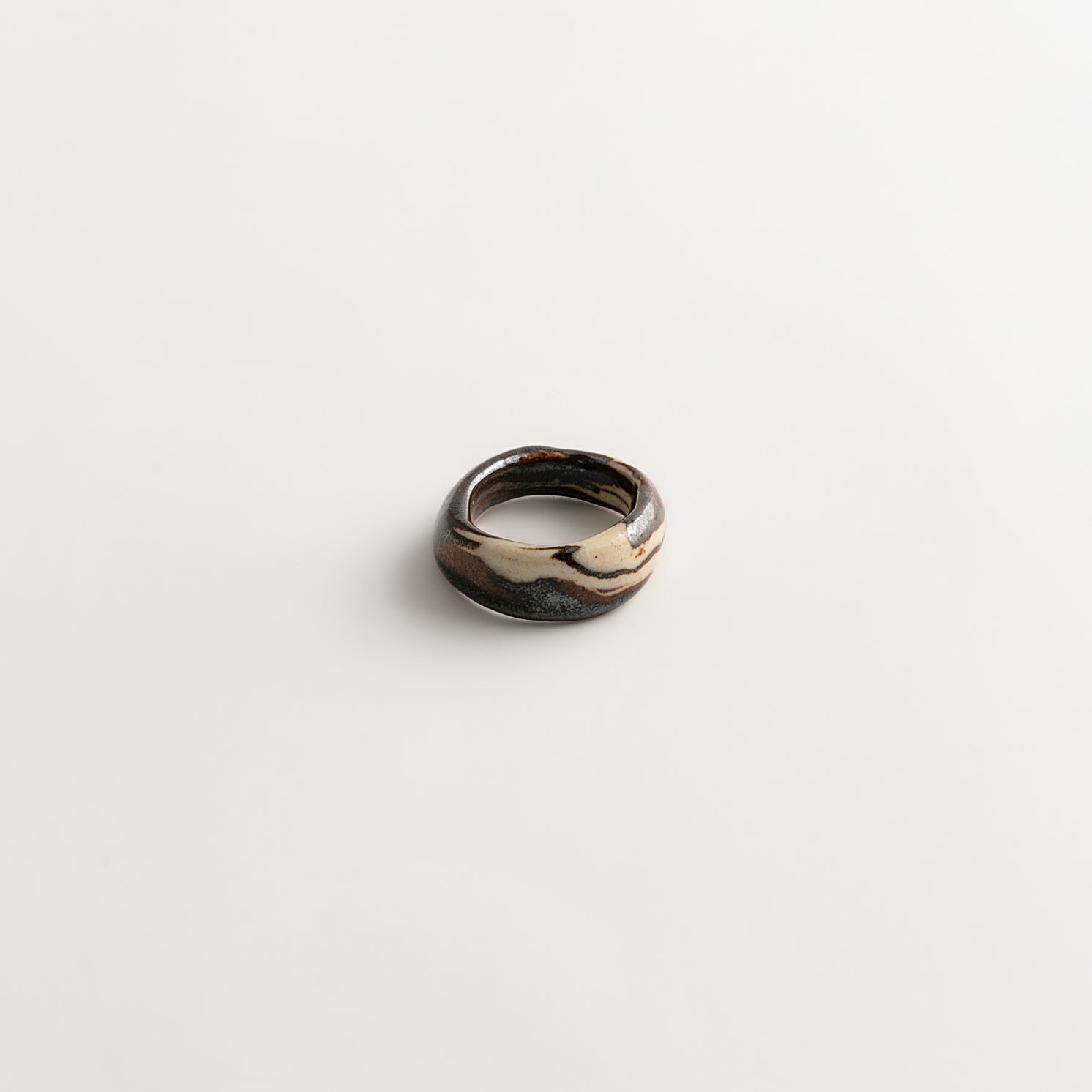 Artisan Nerikomi Ceramic Ring – Dark Bronze Flow, Wide Band