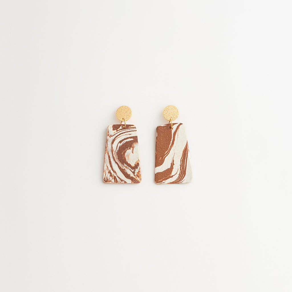 Artisan Nerikomi Ceramic Earrings – Gold Matte Circle Stud, Trapezoid Drop