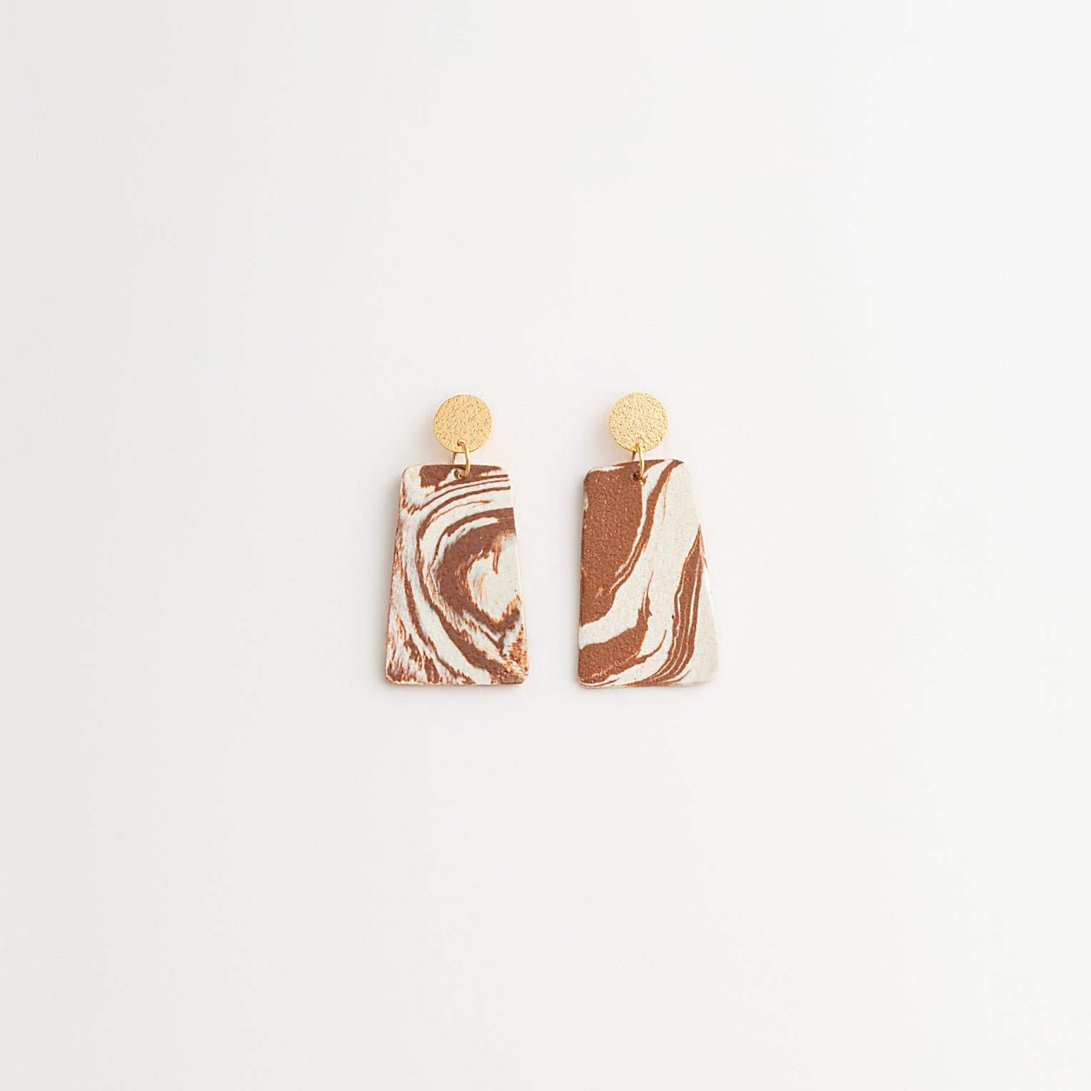 Artisan Nerikomi Ceramic Earrings – Gold Matte Circle Stud, Trapezoid Drop