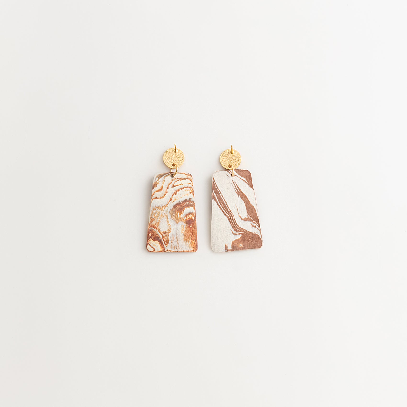 Artisan Nerikomi Ceramic Earrings – Gold Matte Circle Stud, Trapezoid Drop
