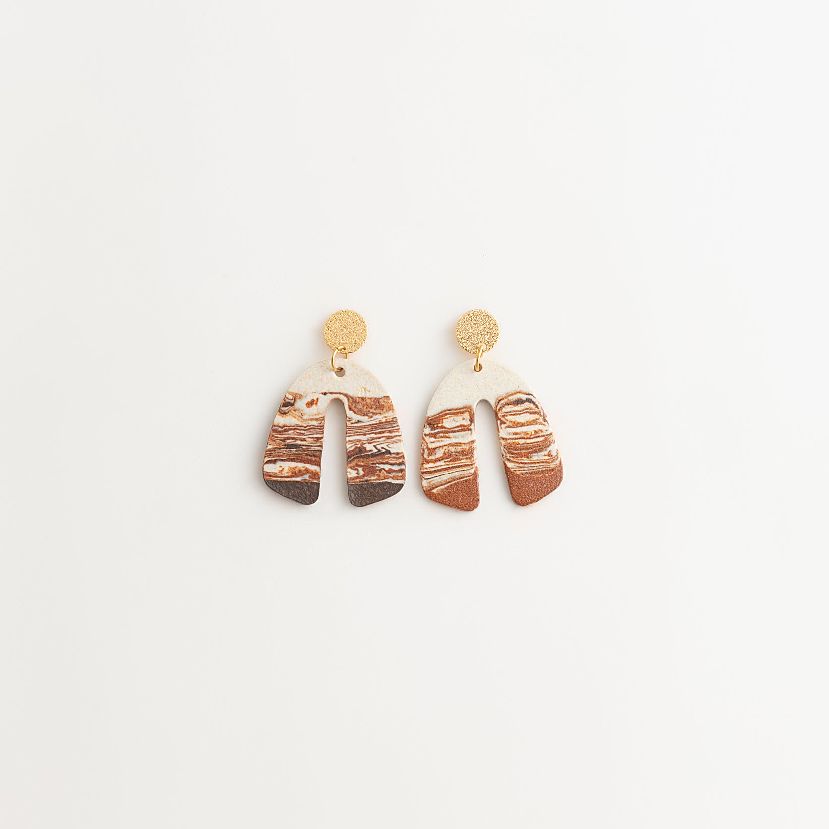 Artisan Nerikomi Ceramic Earrings – Gold Matte Circle Stud, Wide Open Arch Drop