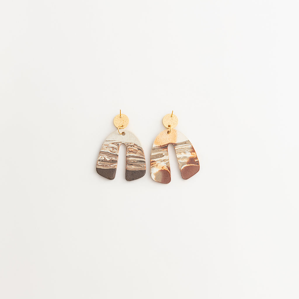 Artisan Nerikomi Ceramic Earrings – Gold Matte Circle Stud, Wide Open Arch Drop