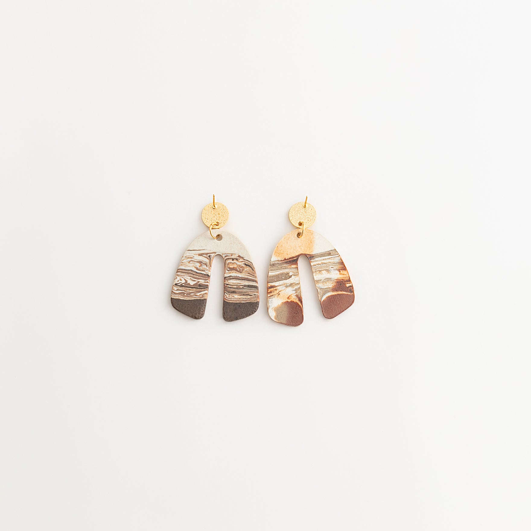 Artisan Nerikomi Ceramic Earrings – Gold Matte Circle Stud, Wide Open Arch Drop