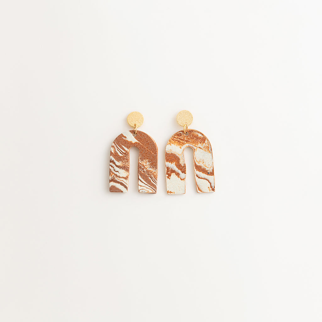 Artisan Nerikomi Ceramic Earrings – Gold Matte Circle Stud, Open Arch Drop