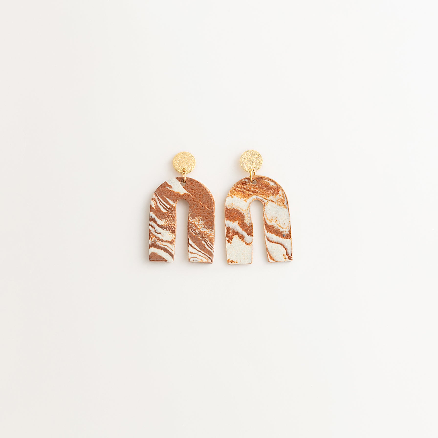 Artisan Nerikomi Ceramic Earrings – Gold Matte Circle Stud, Open Arch Drop