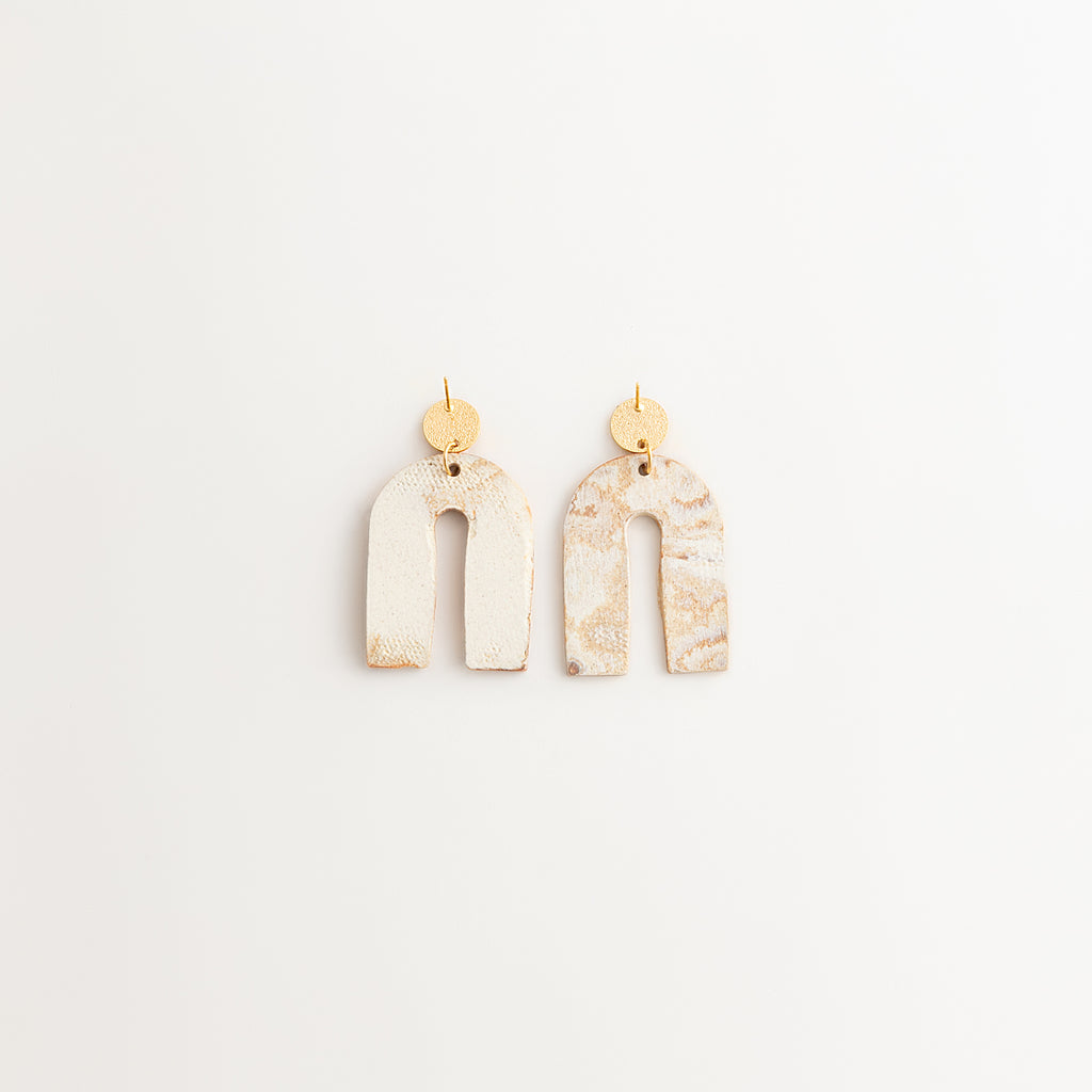 Artisan Nerikomi Ceramic Earrings – Gold Matte Circle Stud, Open Arch Drop
