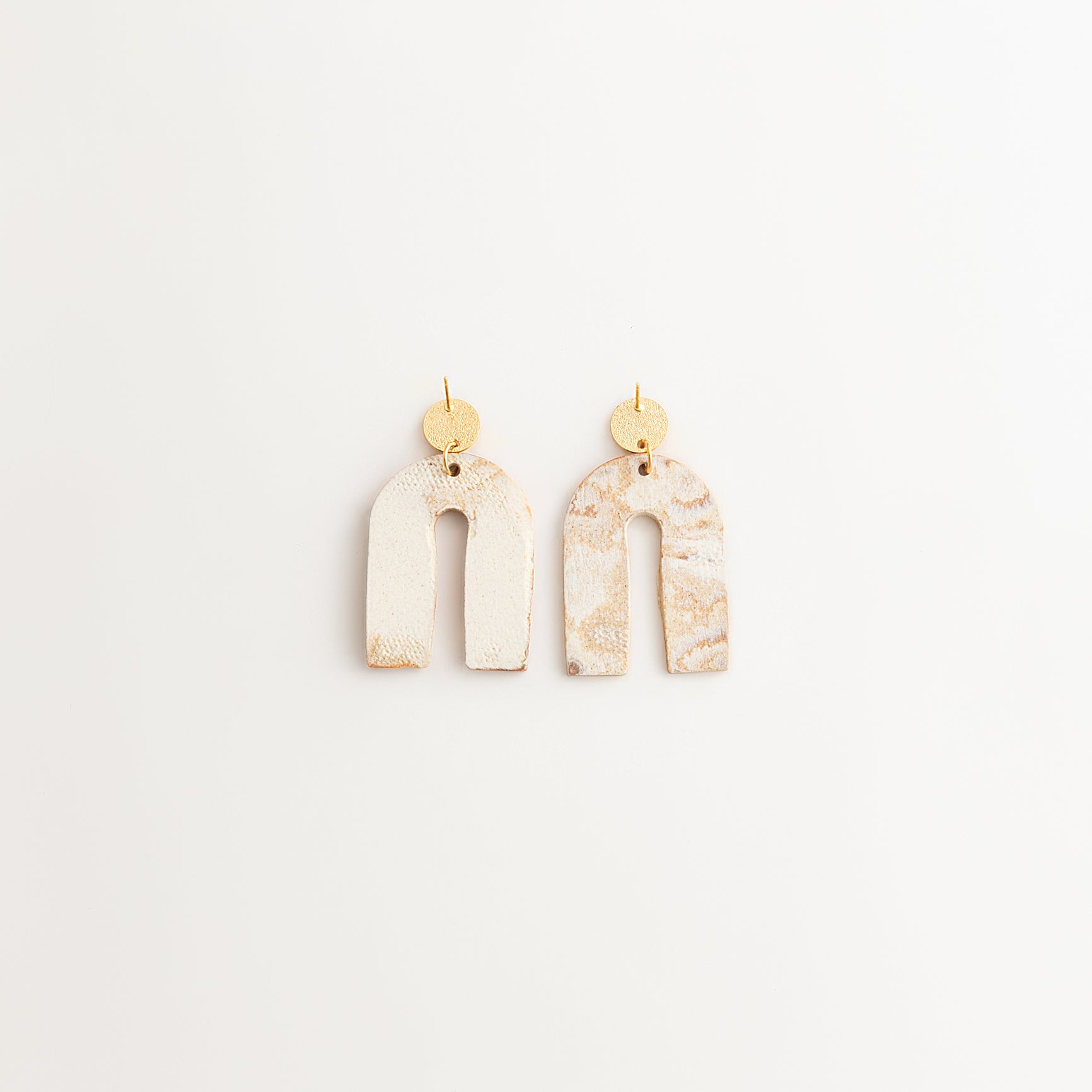 Artisan Nerikomi Ceramic Earrings – Gold Matte Circle Stud, Open Arch Drop