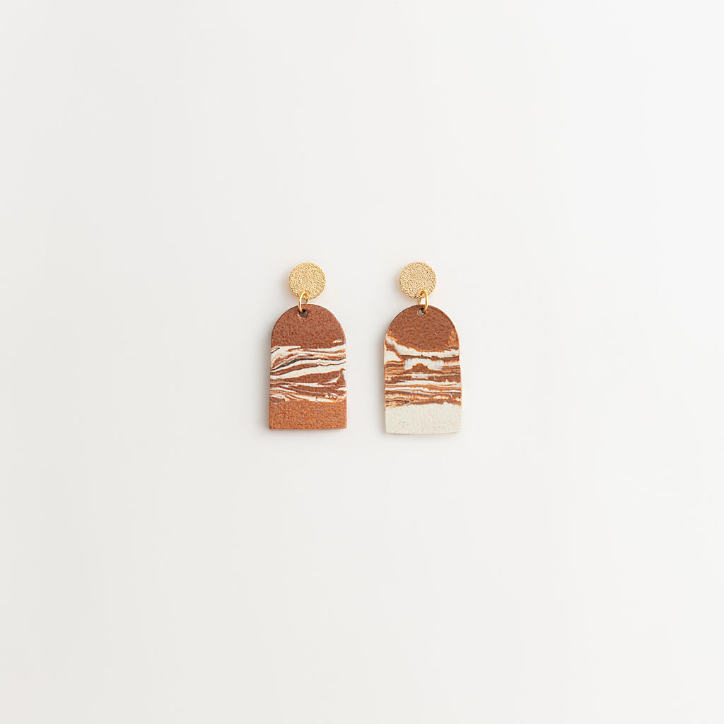 Artisan Nerikomi Ceramic Earrings – Gold Matte Circle Stud, Solid Arch Drop