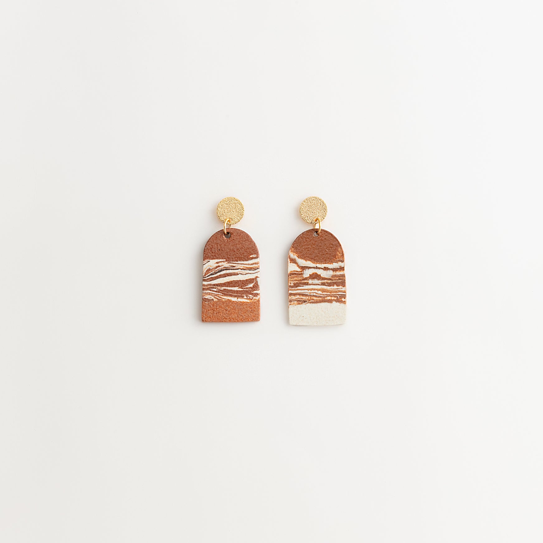 Artisan Nerikomi Ceramic Earrings – Gold Matte Circle Stud, Solid Arch Drop