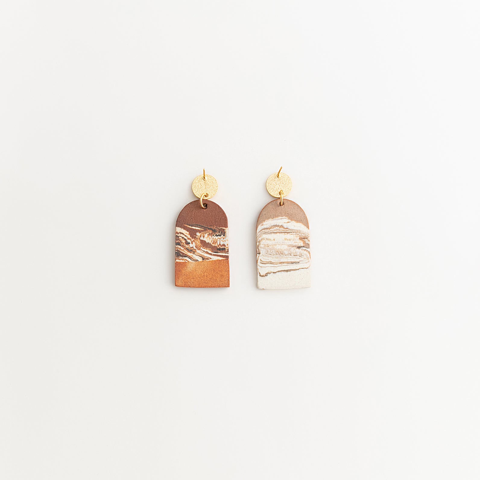 Artisan Nerikomi Ceramic Earrings – Gold Matte Circle Stud, Solid Arch Drop