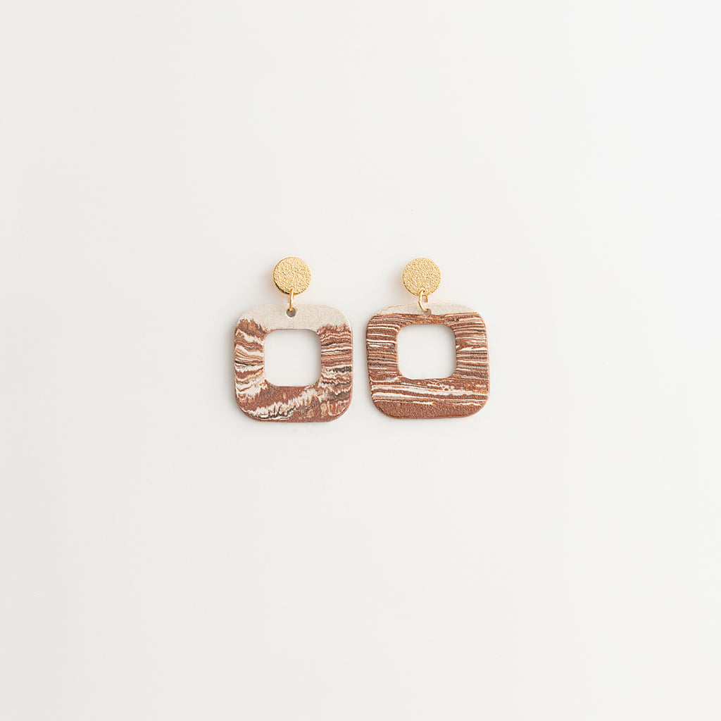 Artisan Nerikomi Ceramic Earrings – Gold Matte Circle Stud, Open Square Drop
