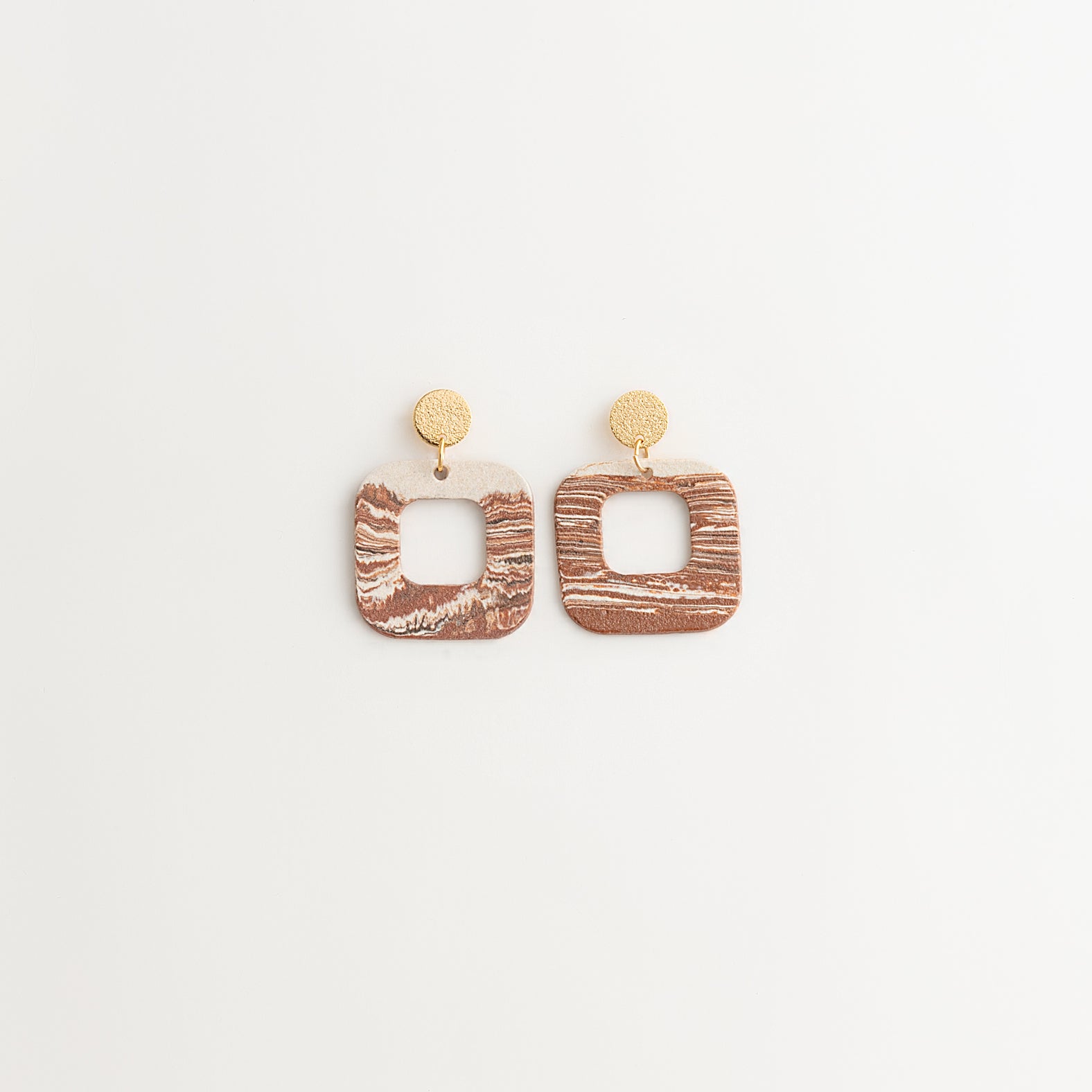 Artisan Nerikomi Ceramic Earrings – Gold Matte Circle Stud, Open Square Drop