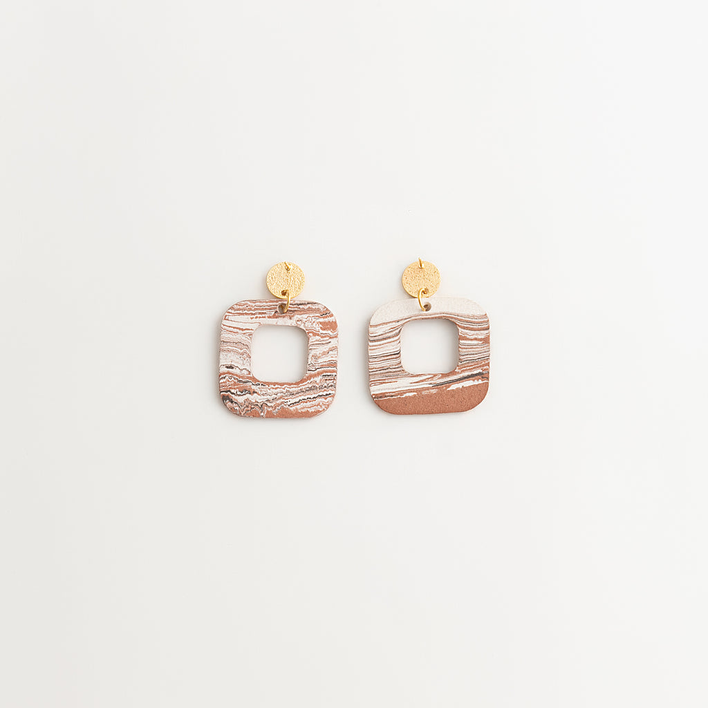 Artisan Nerikomi Ceramic Earrings – Gold Matte Circle Stud, Open Square Drop