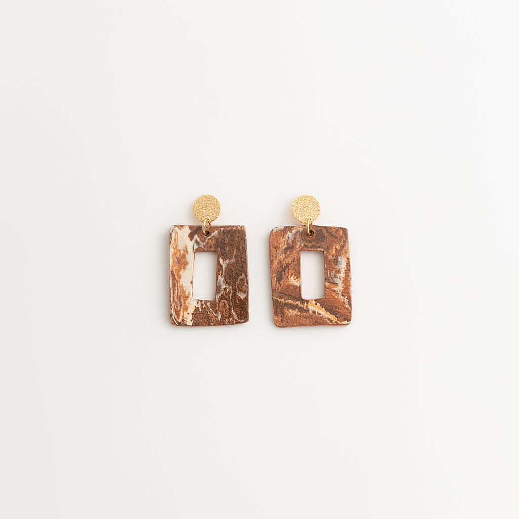 Artisan Nerikomi Ceramic Earrings – Gold Matte Circle Stud, Open Rectangle Drop