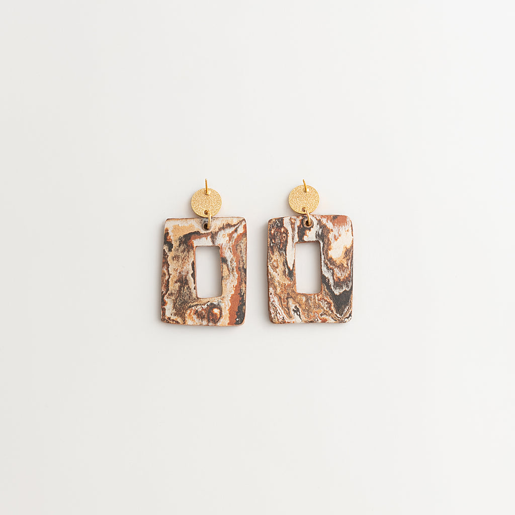 Artisan Nerikomi Ceramic Earrings – Gold Matte Circle Stud, Open Rectangle Drop