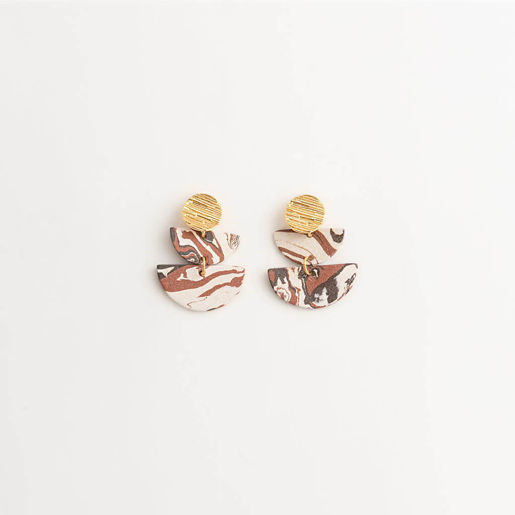 Artisan Nerikomi Ceramic Earrings – Gold Lined Circle Stud, Double Half-Moon Drop