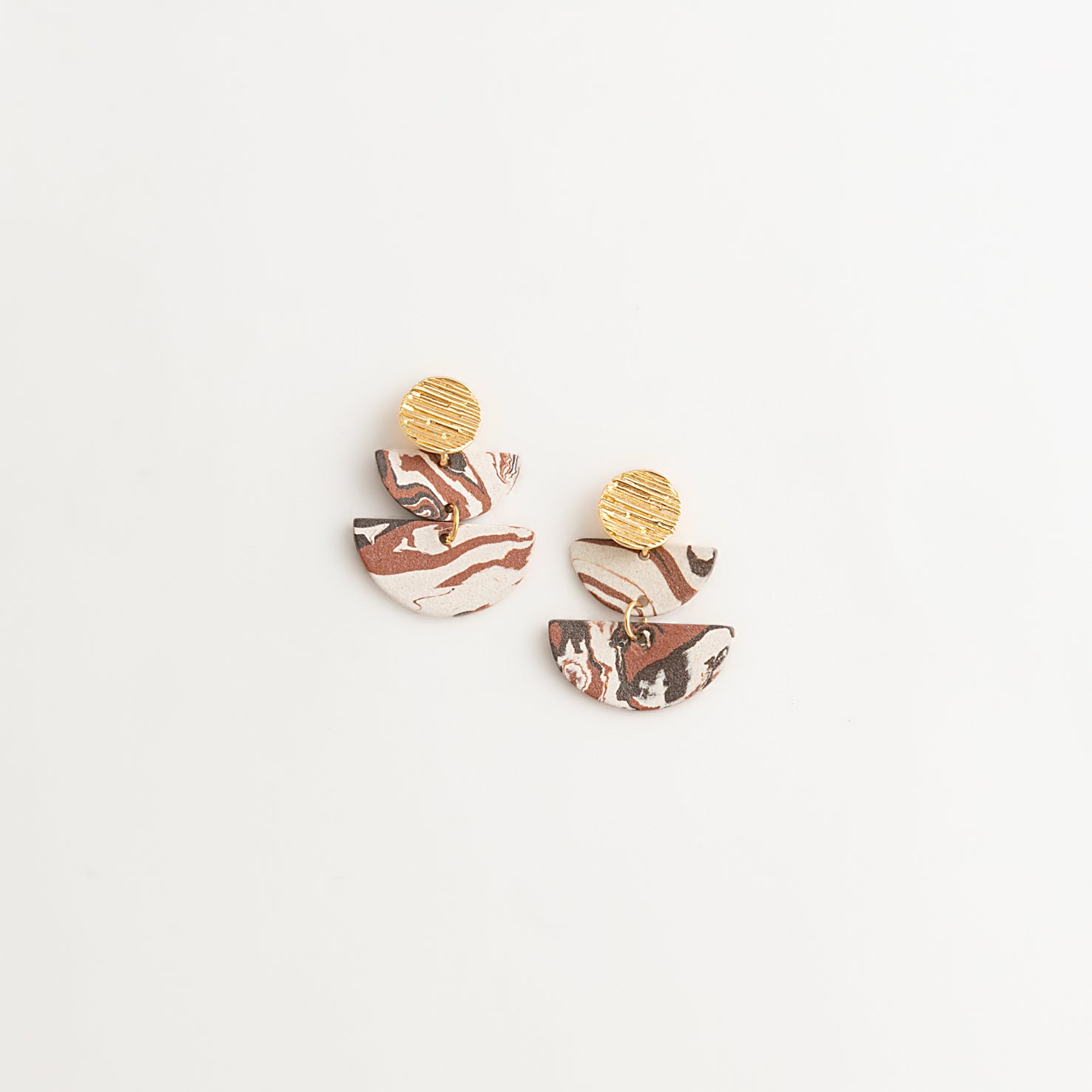 Artisan Nerikomi Ceramic Earrings – Gold Lined Circle Stud, Double Half-Moon Drop