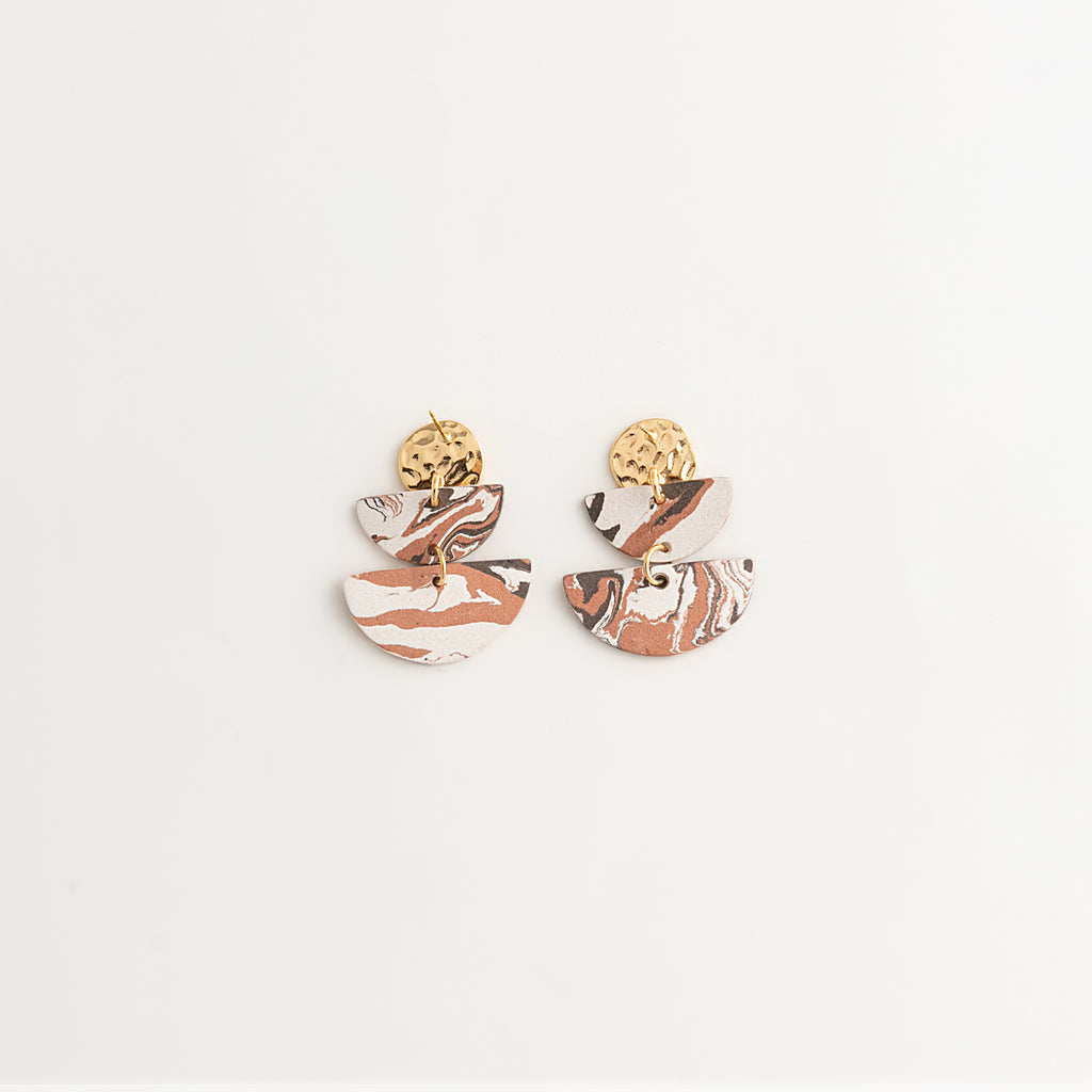 Artisan Nerikomi Ceramic Earrings – Gold Lined Circle Stud, Double Half-Moon Drop