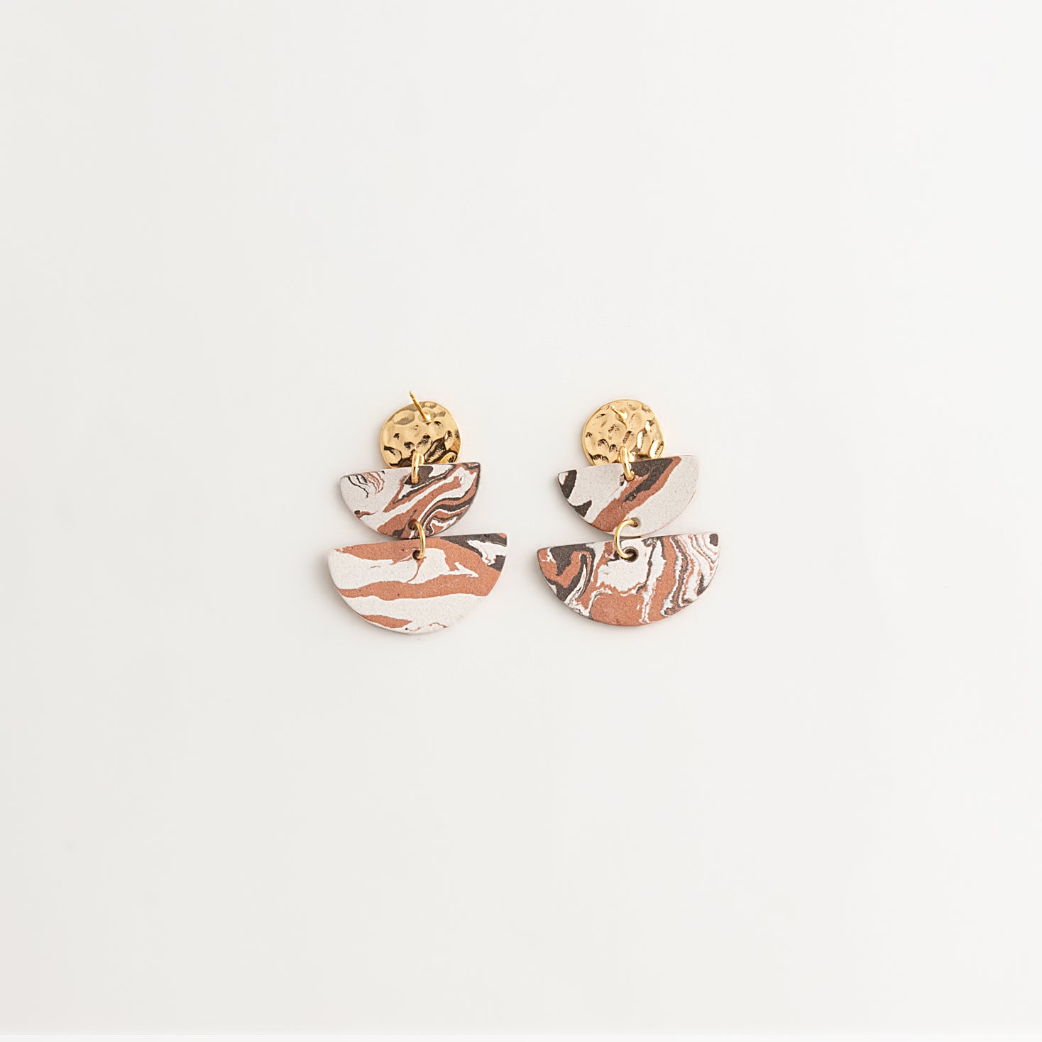 Artisan Nerikomi Ceramic Earrings – Gold Lined Circle Stud, Double Half-Moon Drop