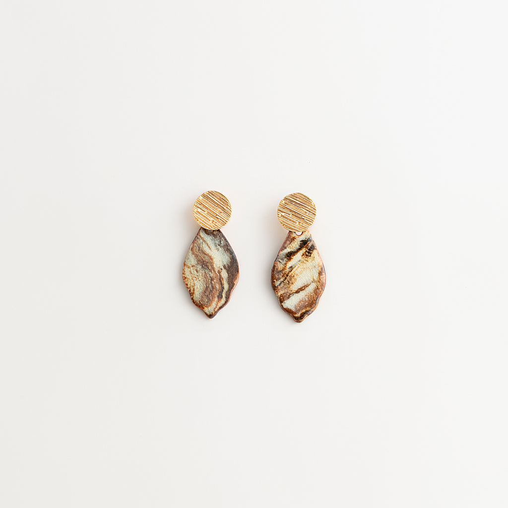 Artisan Nerikomi Ceramic Earrings – Gold Lined Circle Stud, Leaf Drop