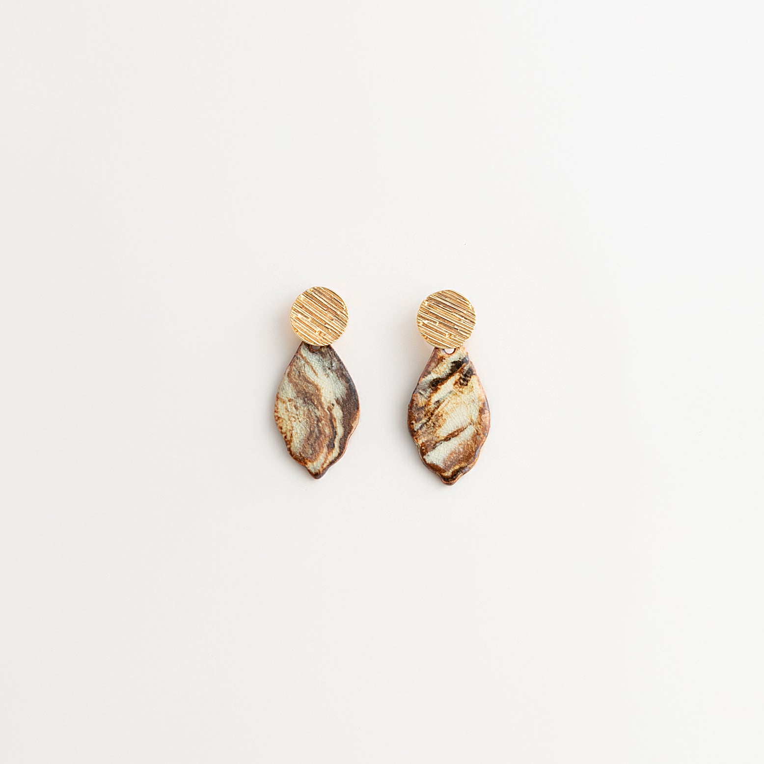 Artisan Nerikomi Ceramic Earrings – Gold Lined Circle Stud, Leaf Drop