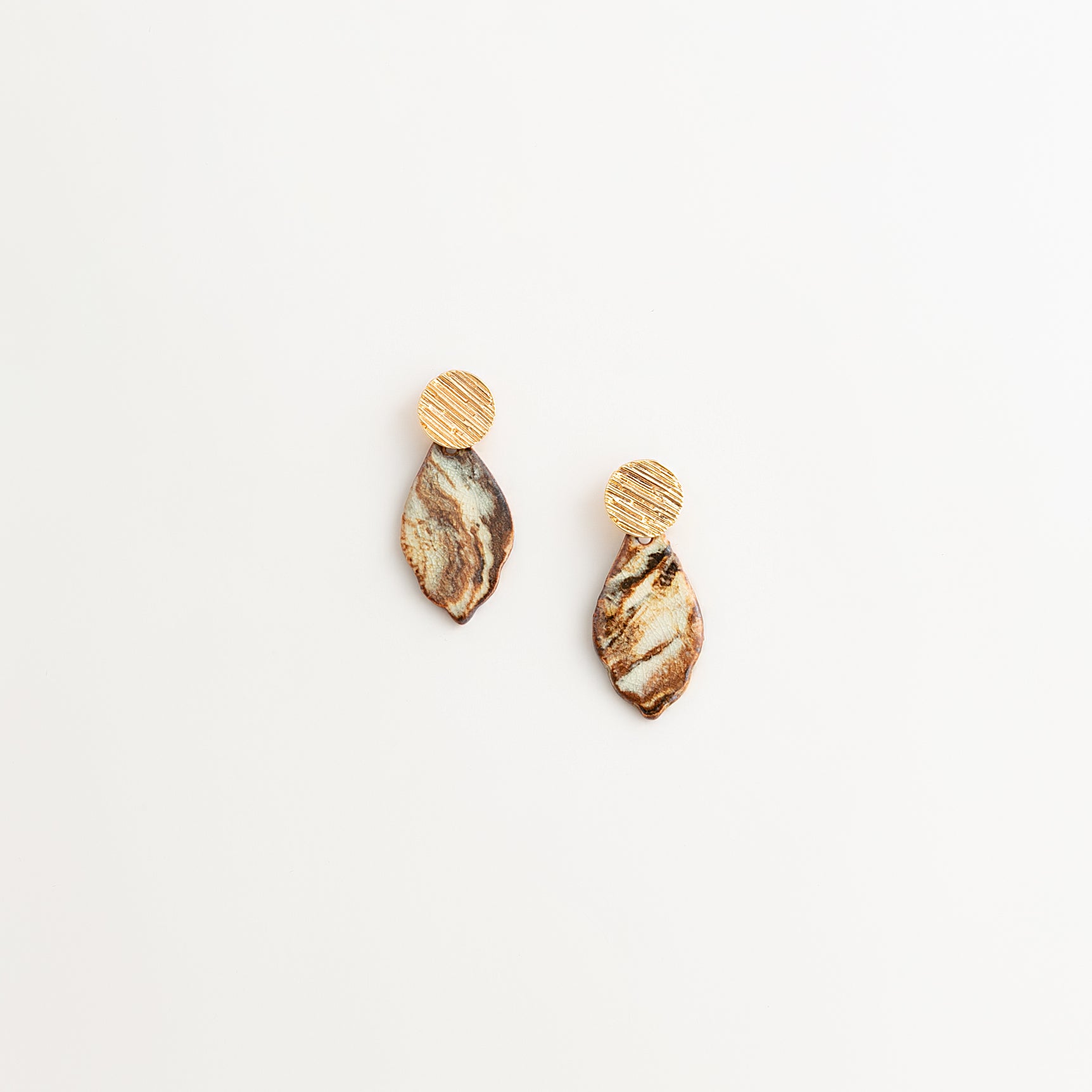 Artisan Nerikomi Ceramic Earrings – Gold Lined Circle Stud, Leaf Drop