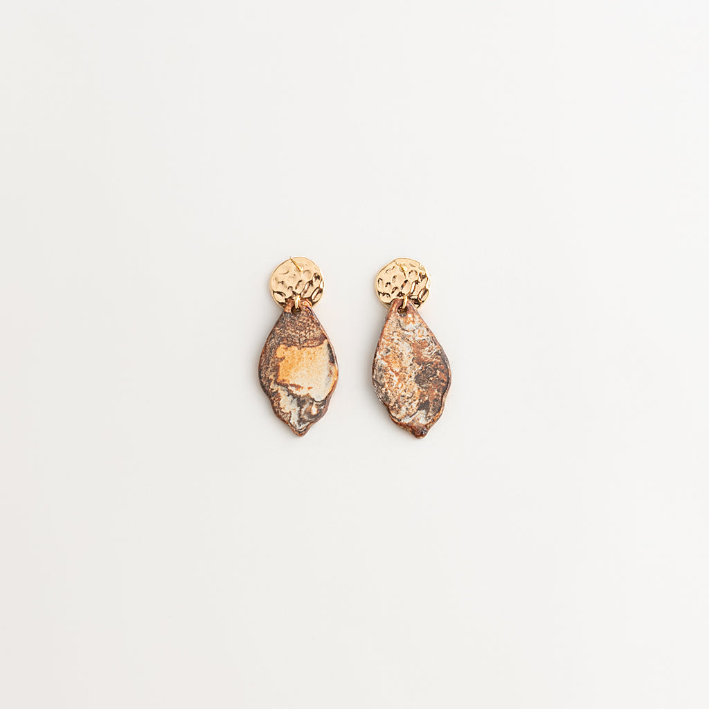Artisan Nerikomi Ceramic Earrings – Gold Lined Circle Stud, Leaf Drop
