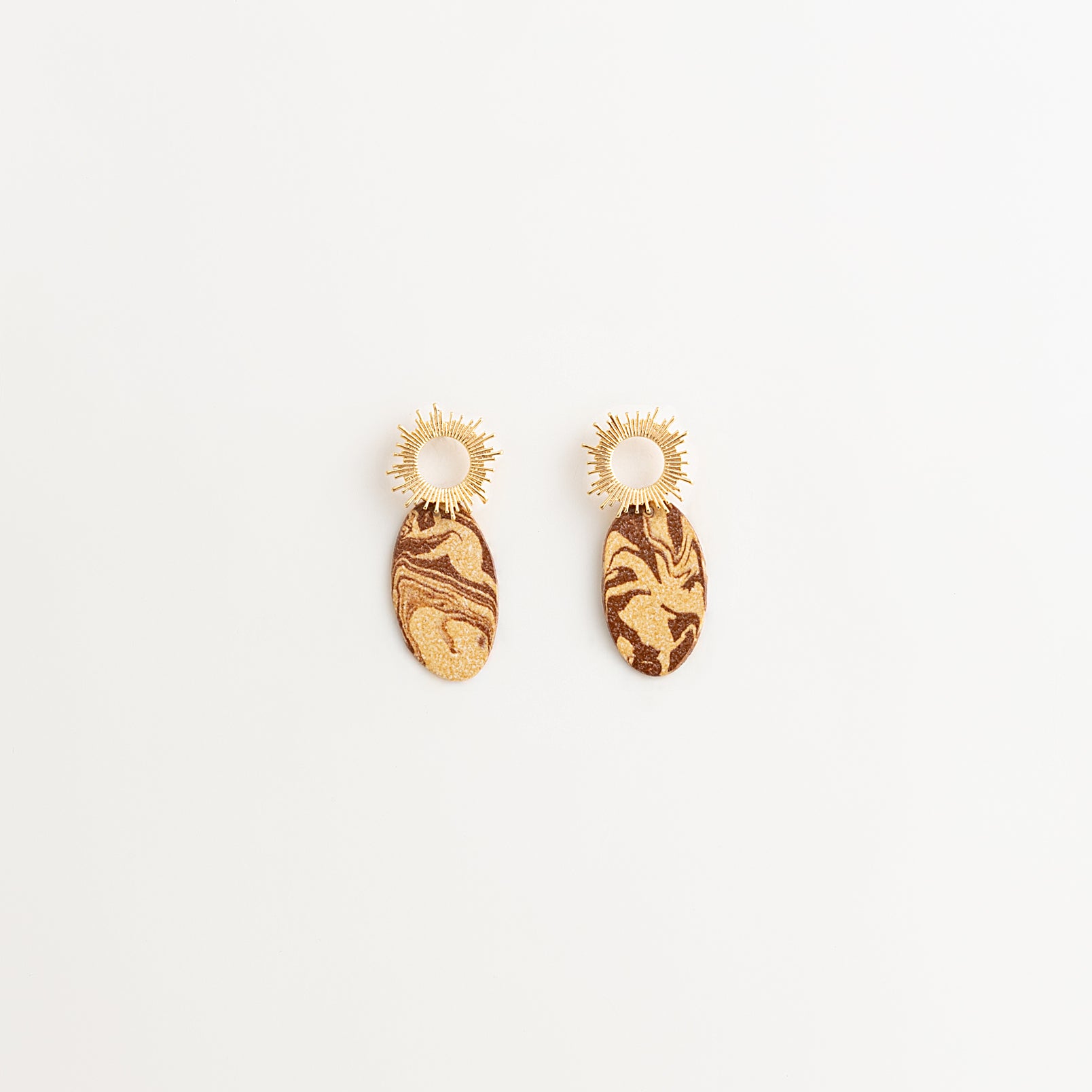 Artisan Nerikomi Ceramic Earrings – Gold Sun Stud, Oval Drop