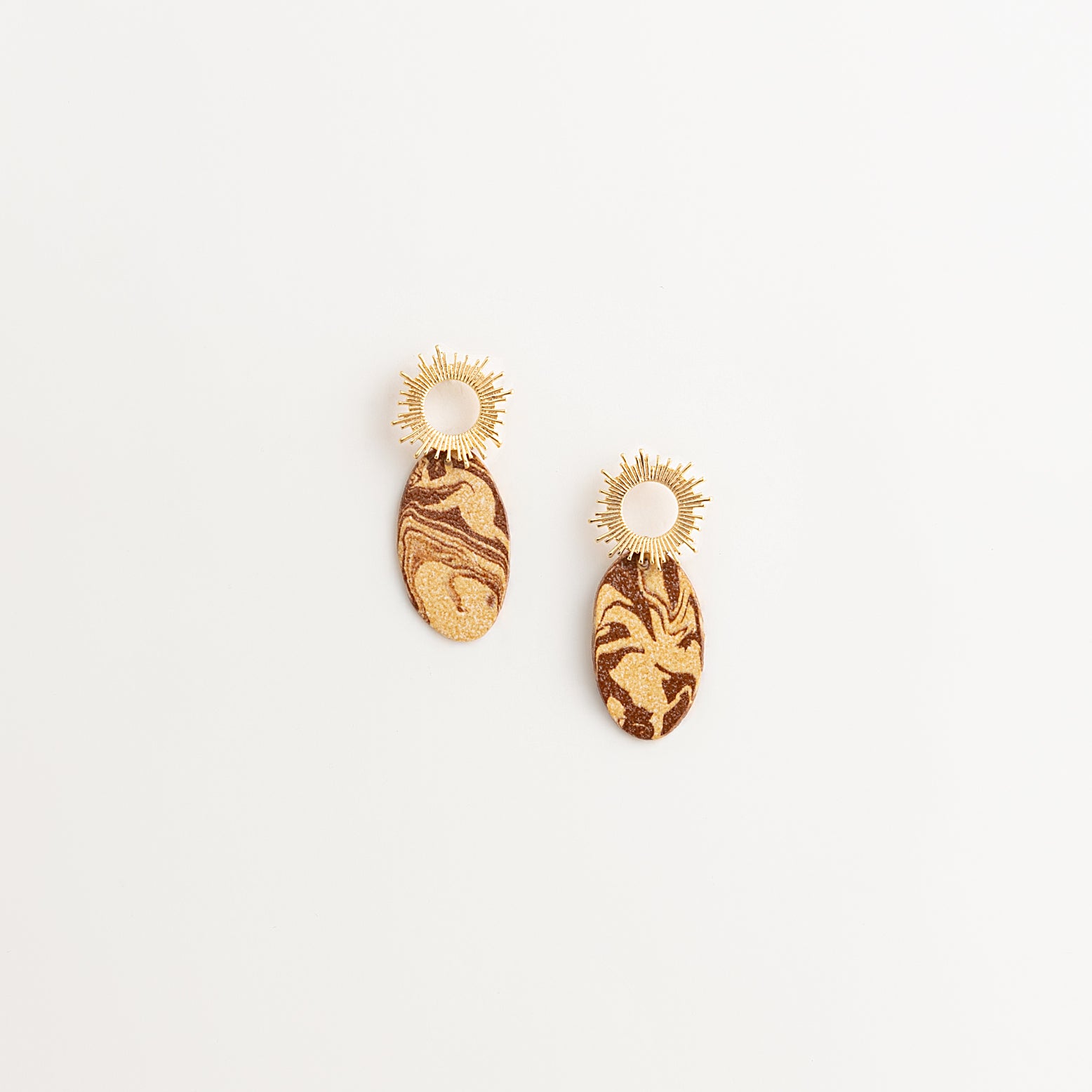 Artisan Nerikomi Ceramic Earrings – Gold Sun Stud, Oval Drop
