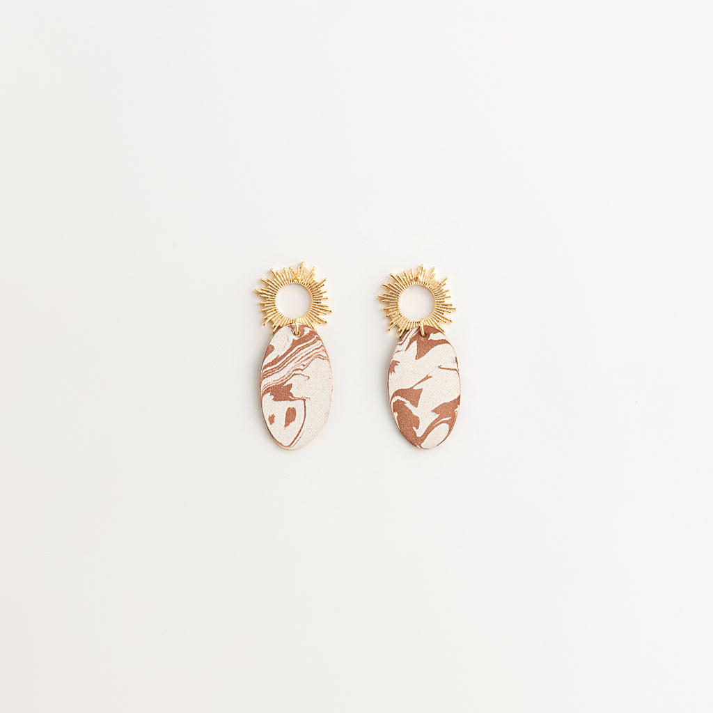 Artisan Nerikomi Ceramic Earrings – Gold Sun Stud, Oval Drop