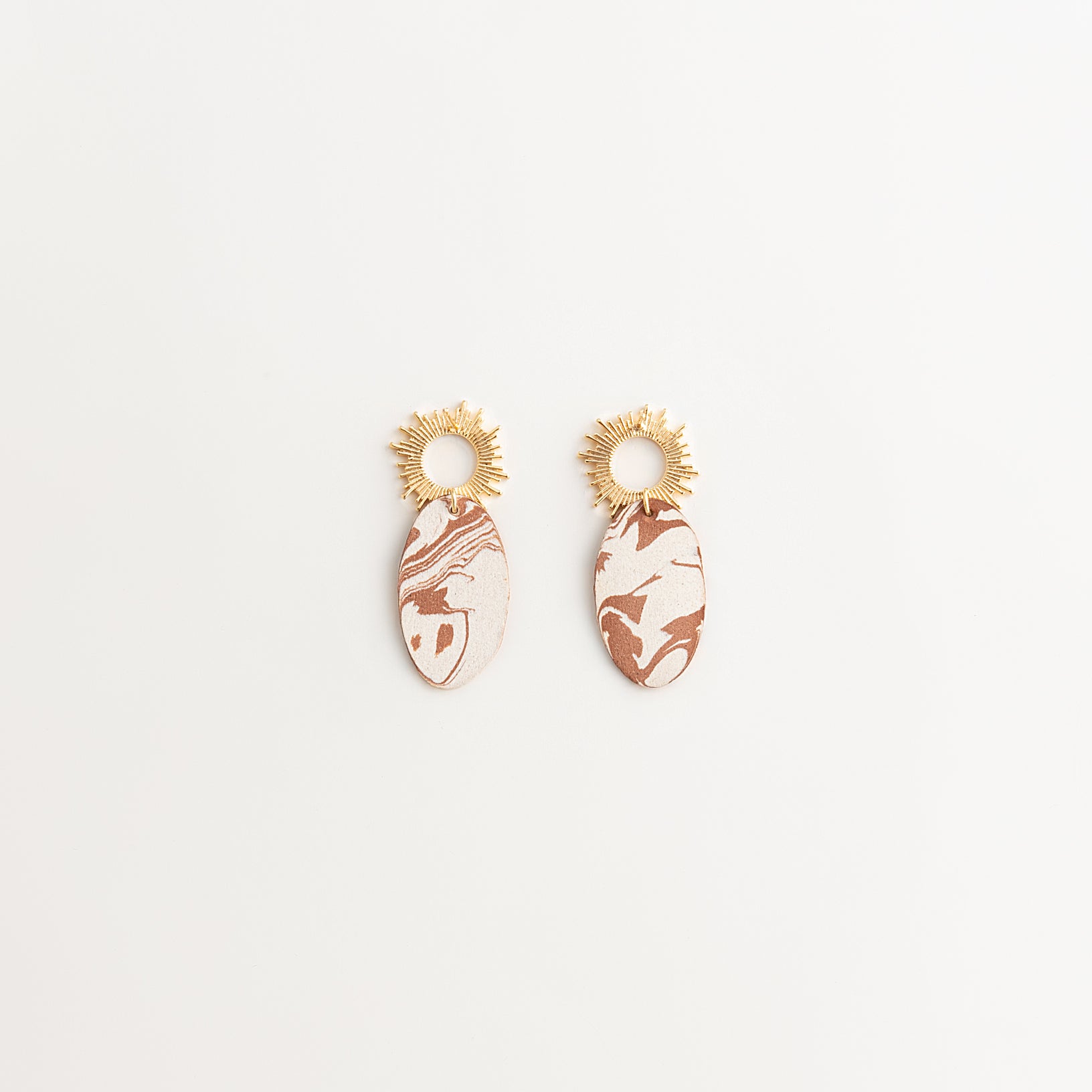 Artisan Nerikomi Ceramic Earrings – Gold Sun Stud, Oval Drop