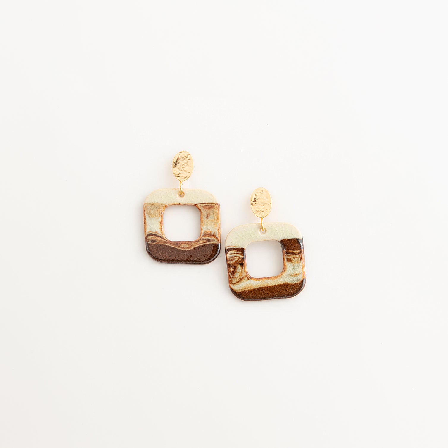 Artisan Nerikomi Ceramic Earrings – Gold Hammered Oval Stud, Open Square Drop