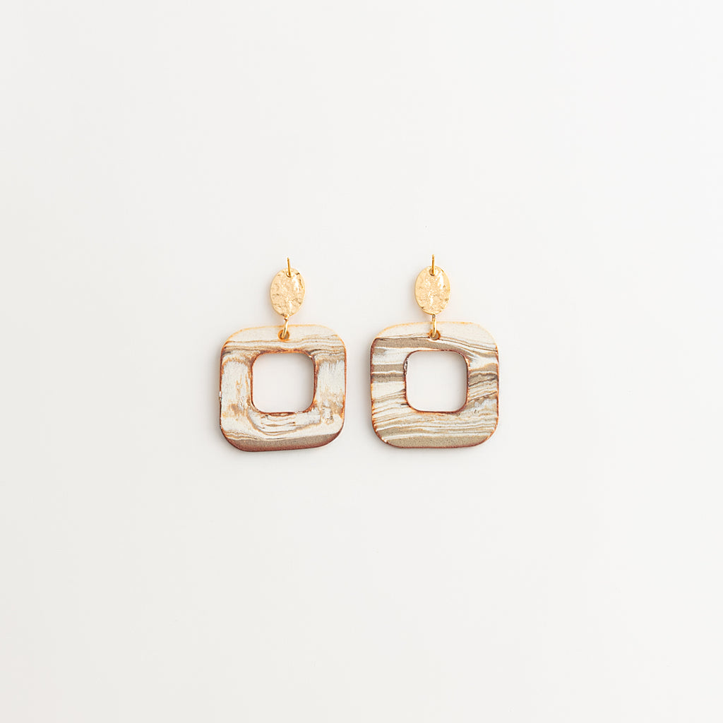 Artisan Nerikomi Ceramic Earrings – Gold Hammered Oval Stud, Open Square Drop