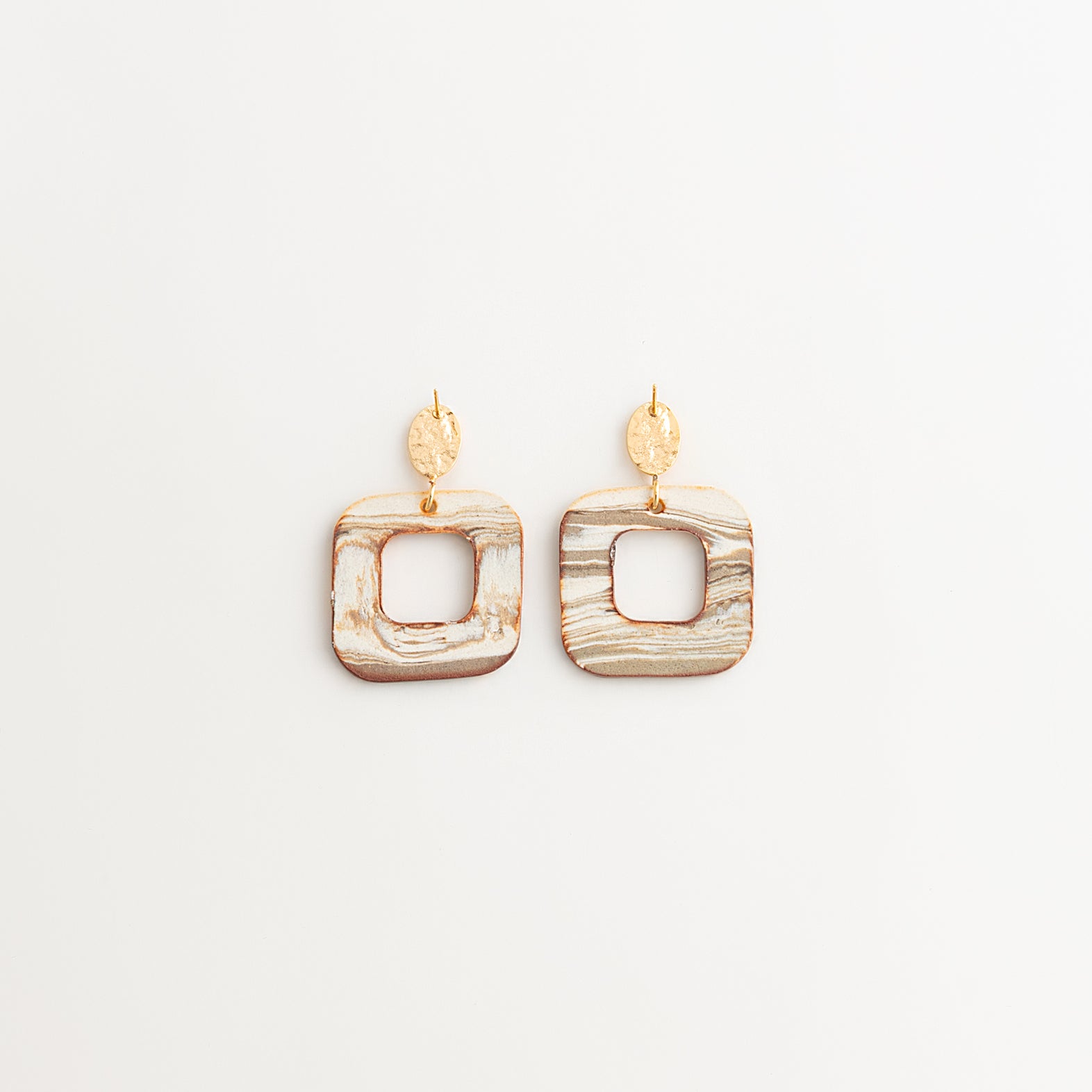 Artisan Nerikomi Ceramic Earrings – Gold Hammered Oval Stud, Open Square Drop