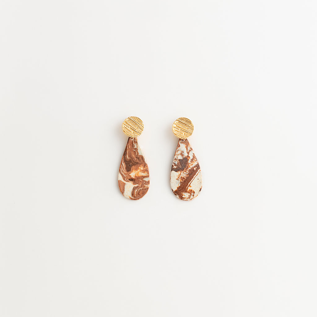 Artisan Nerikomi Ceramic Earrings – Gold Lined Circle Stud, Teardrop Drop