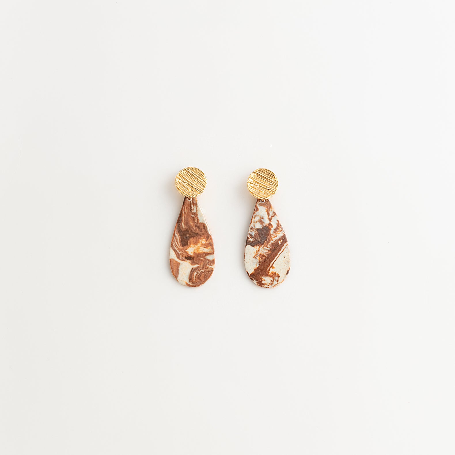 Artisan Nerikomi Ceramic Earrings – Gold Lined Circle Stud, Teardrop Drop