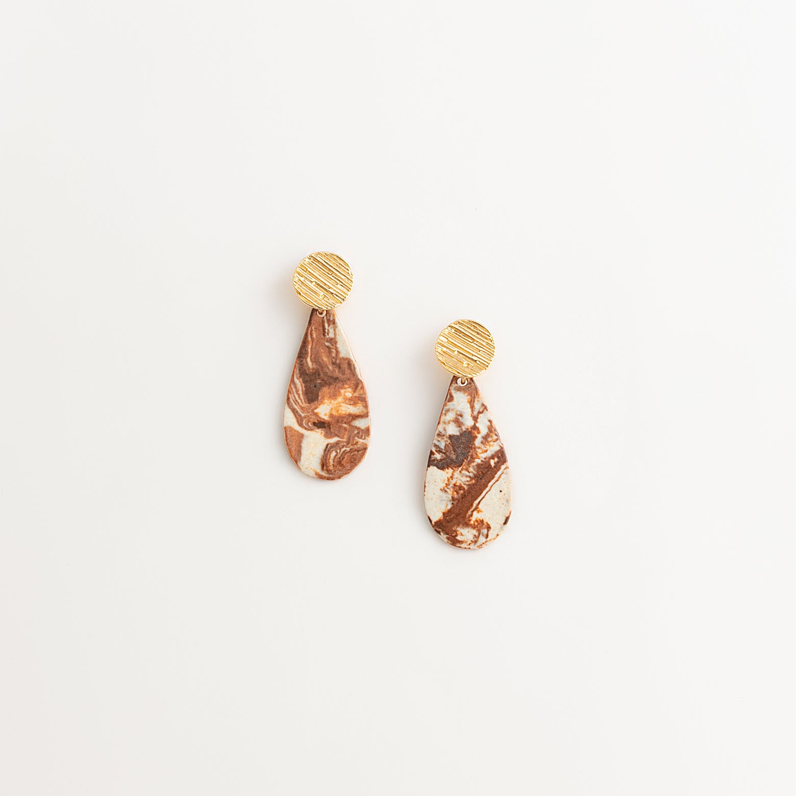 Artisan Nerikomi Ceramic Earrings – Gold Lined Circle Stud, Teardrop Drop