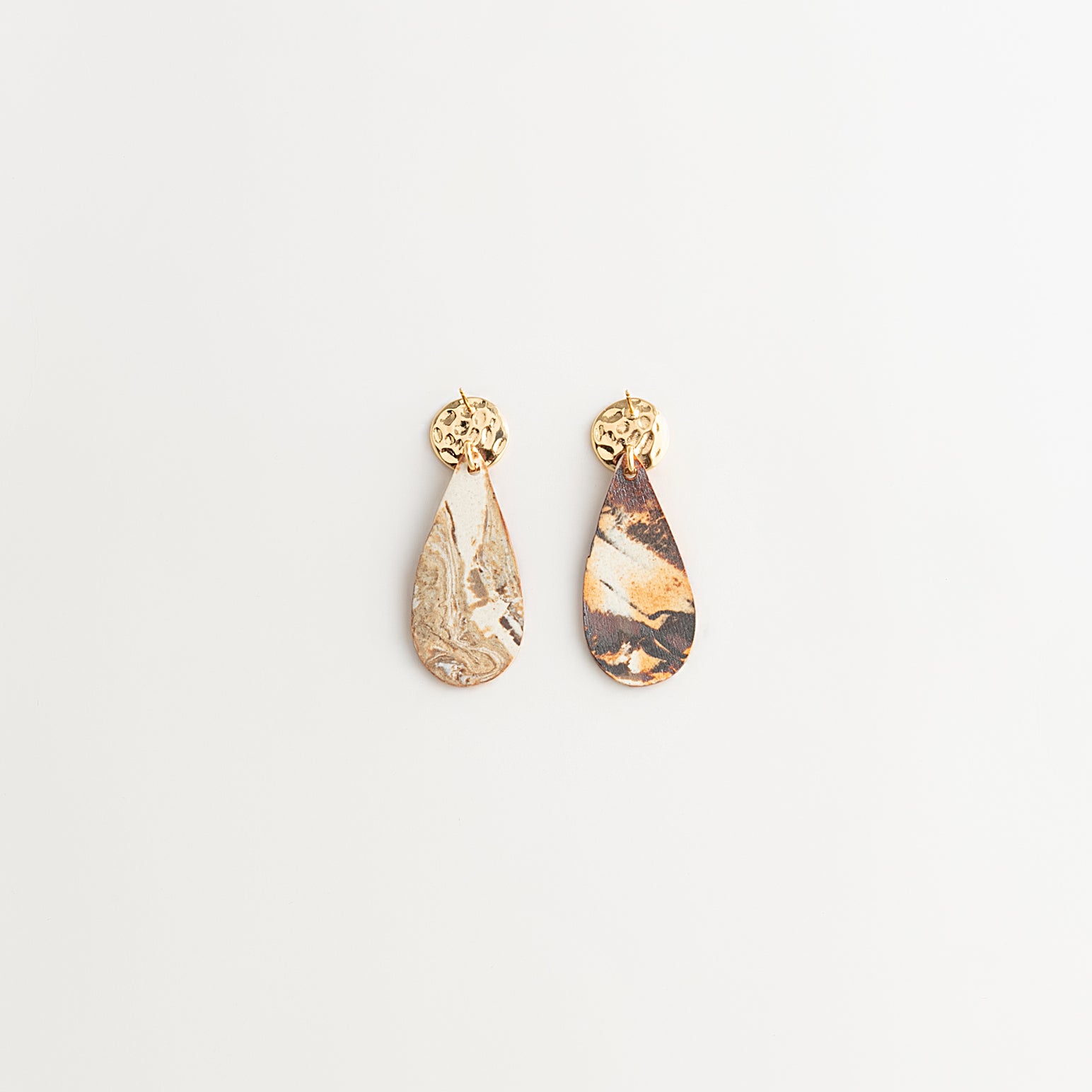 Artisan Nerikomi Ceramic Earrings – Gold Lined Circle Stud, Teardrop Drop