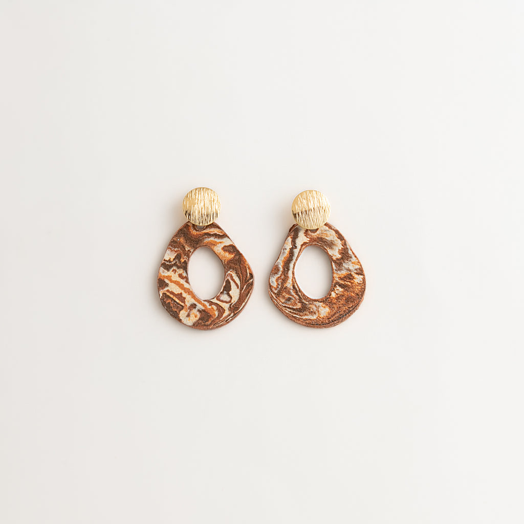 Artisan Nerikomi Ceramic Earrings – Gold Lined Circle Stud, Open Oval Drop
