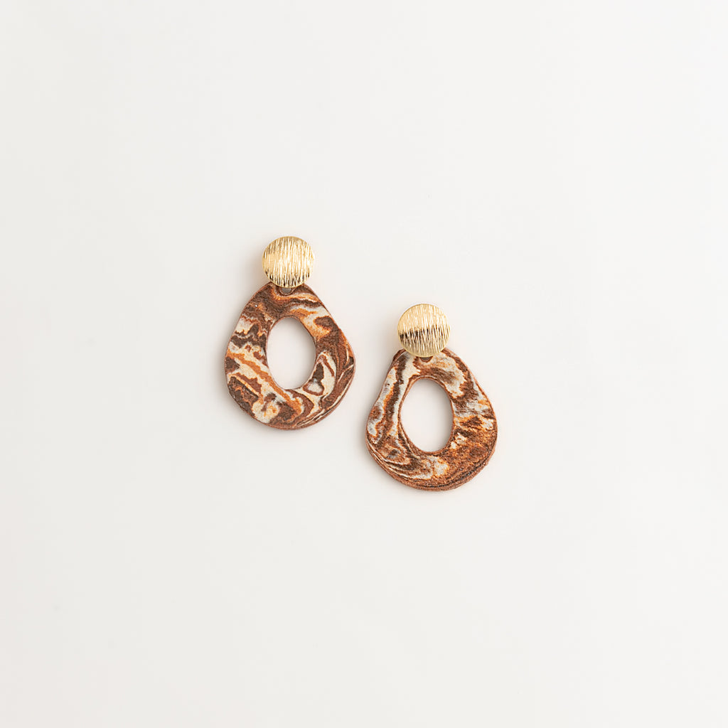 Artisan Nerikomi Ceramic Earrings – Gold Lined Circle Stud, Open Oval Drop