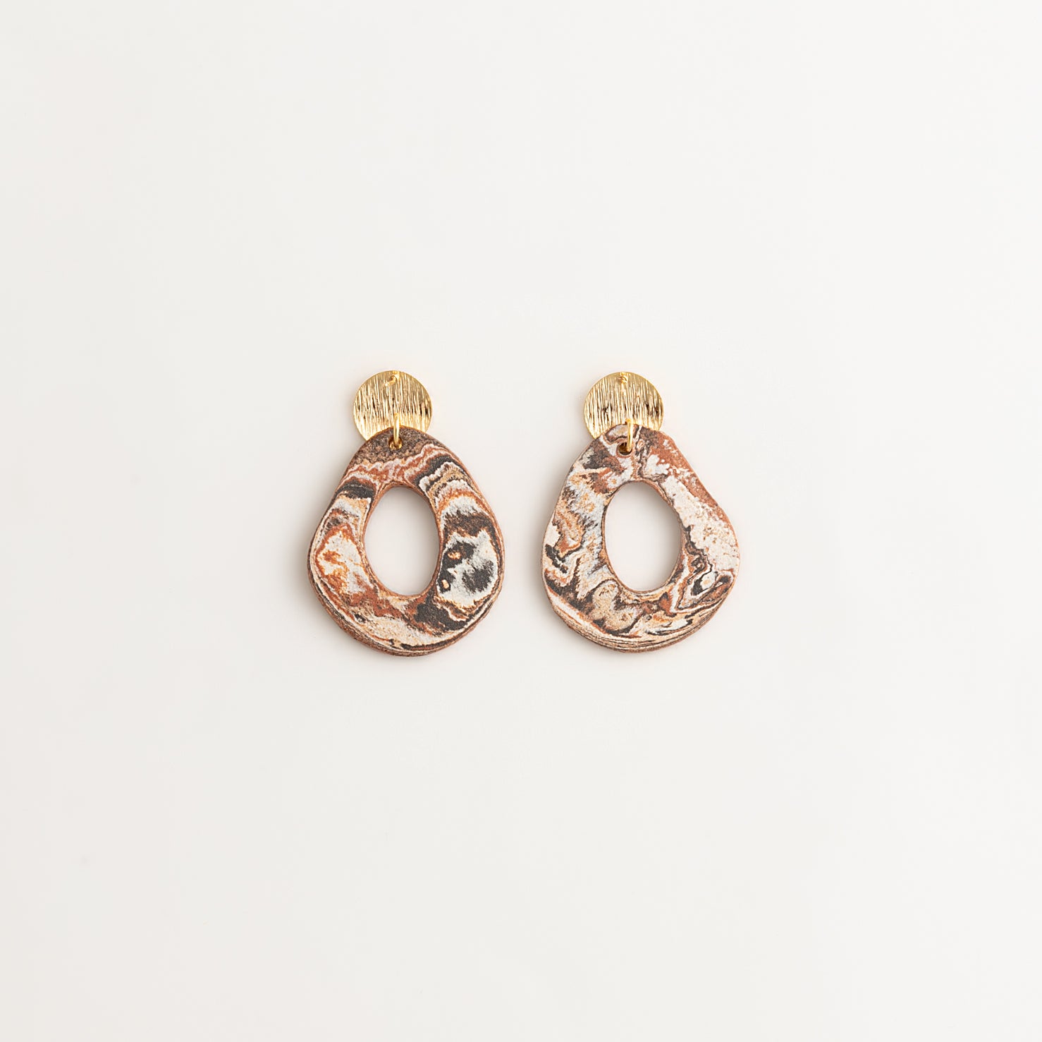 Artisan Nerikomi Ceramic Earrings – Gold Lined Circle Stud, Open Oval Drop
