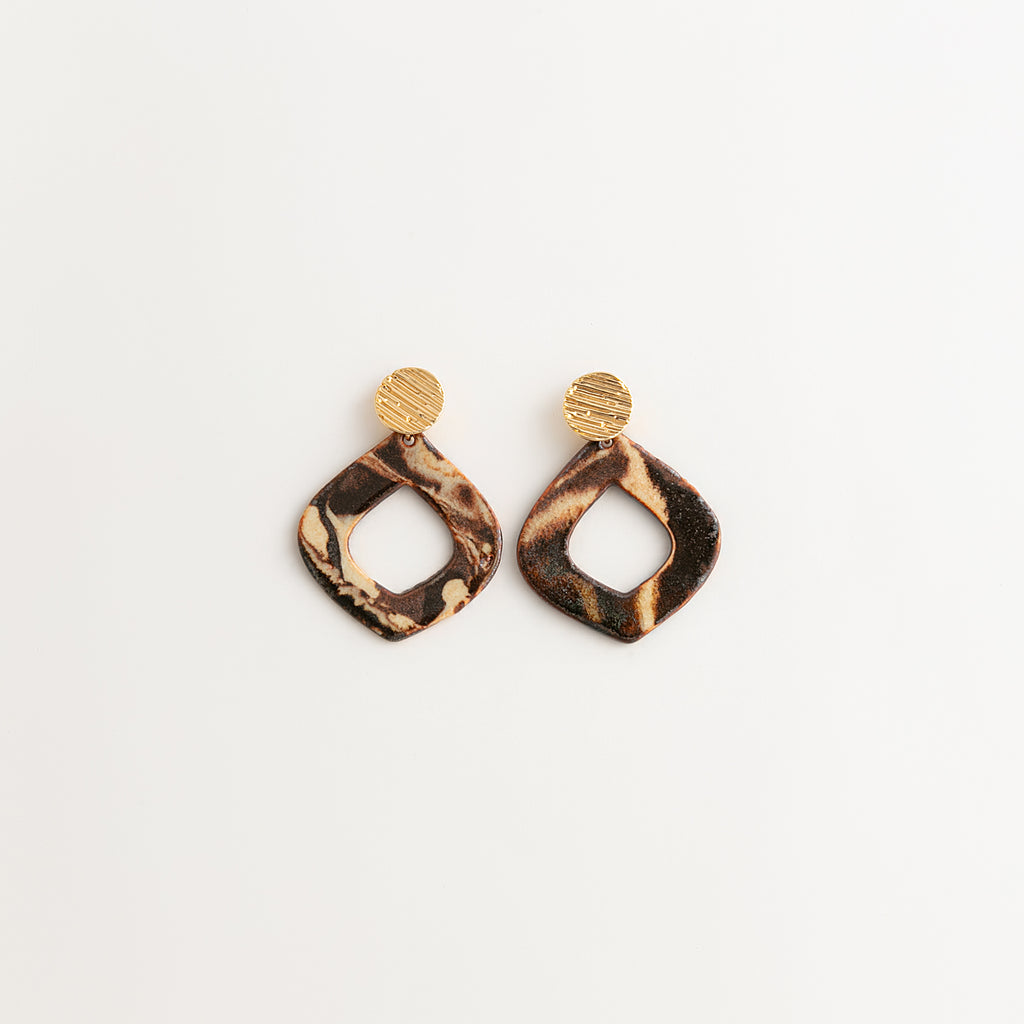 Artisan Nerikomi Ceramic Earrings – Gold Lined Circle Stud, Open Organic Diamond Drop